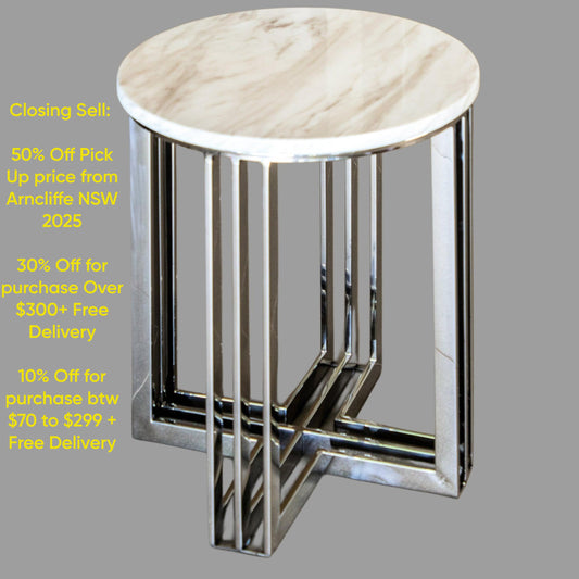 Royal Mirror Polished Stainless Steel Side Table with White Marble Top