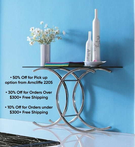Corry Mirror Polished Stainless Steel Console with Black Glass Top