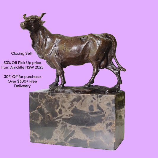 Cow Bronze Sculpture Handcrafted Deco Art On Marble