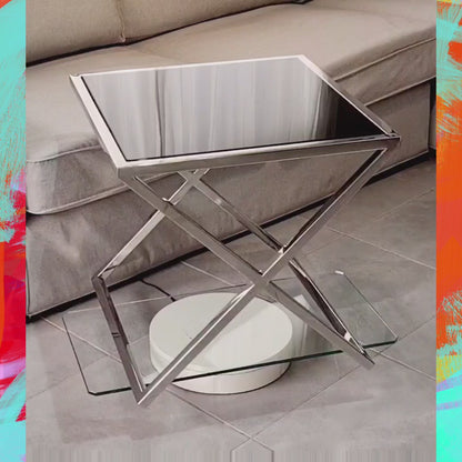 Lily Mirror Polished Stainless Steel Side Table with Black Tempered Glass Top