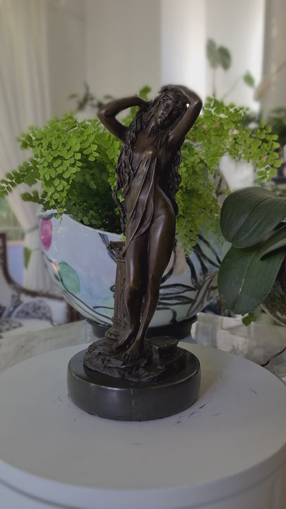 Bronze Sculpture of long hair Woman Girl Lady Fair Maiden on Marble base