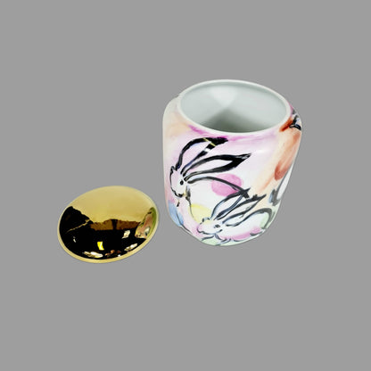 Hand painted Golden Lid Container Rabbits Crazing