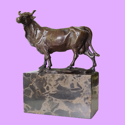 Cow Bronze Sculpture Handcrafted Deco Art On Marble