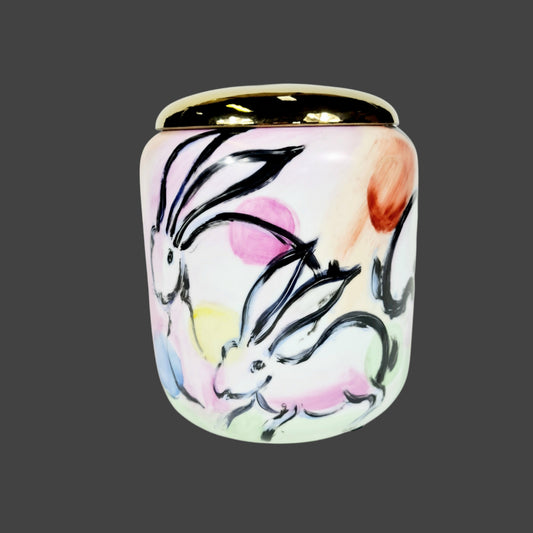 Hand painted Golden Lid Container Rabbits Crazing