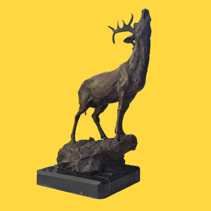 Art Elk Stag Buck Deer Hunter Bronze Marble Base Sculpture
