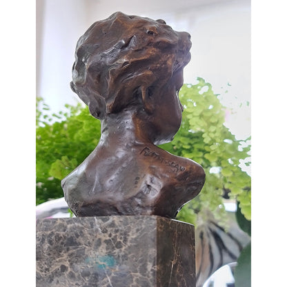 Bronze Sculpture Bust of a Boy Cherub on Marble Base