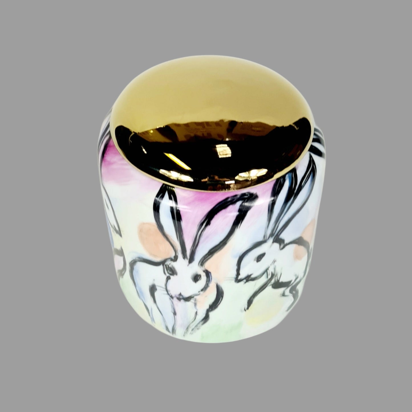 Hand painted Golden Lid Container Rabbits Crazing