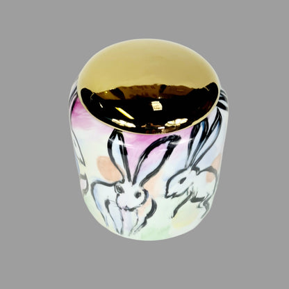 Hand painted Golden Lid Container Rabbits Crazing