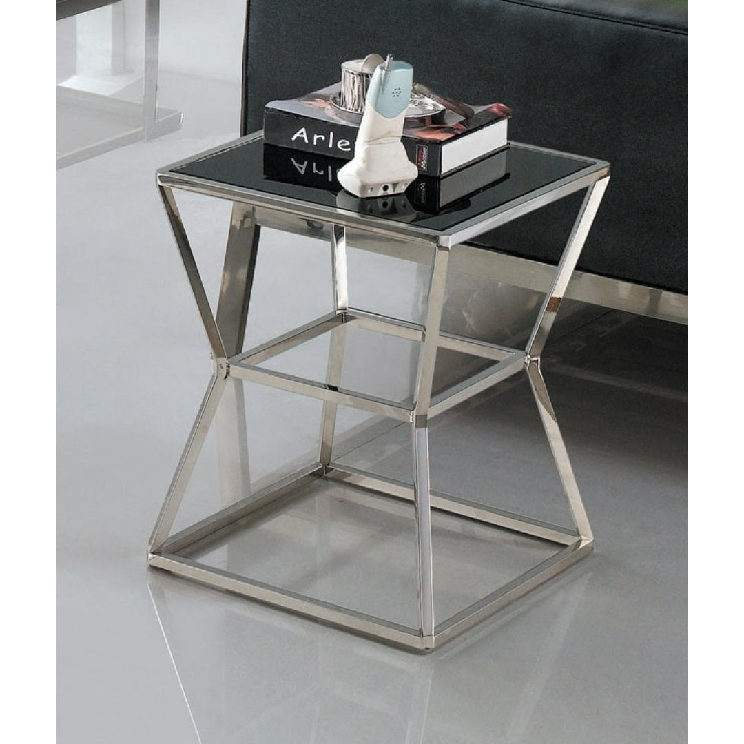 Soma Polished Stainless Steel Side Table with Black Tempered Glass