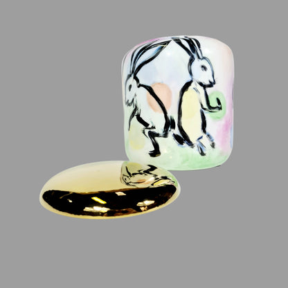 Hand painted Golden Lid Container Rabbits Crazing