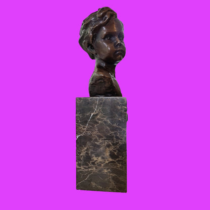 Bronze Sculpture Bust of a Boy Cherub on Marble Base