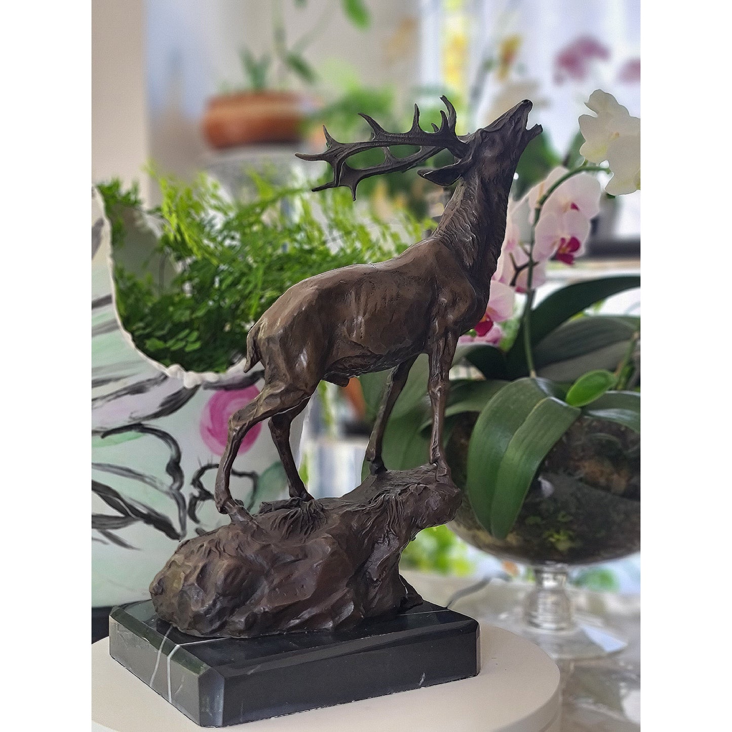 Art Elk Stag Buck Deer Hunter Bronze Marble Base Sculpture