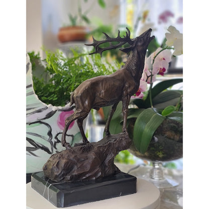Art Elk Stag Buck Deer Hunter Bronze Marble Base Sculpture