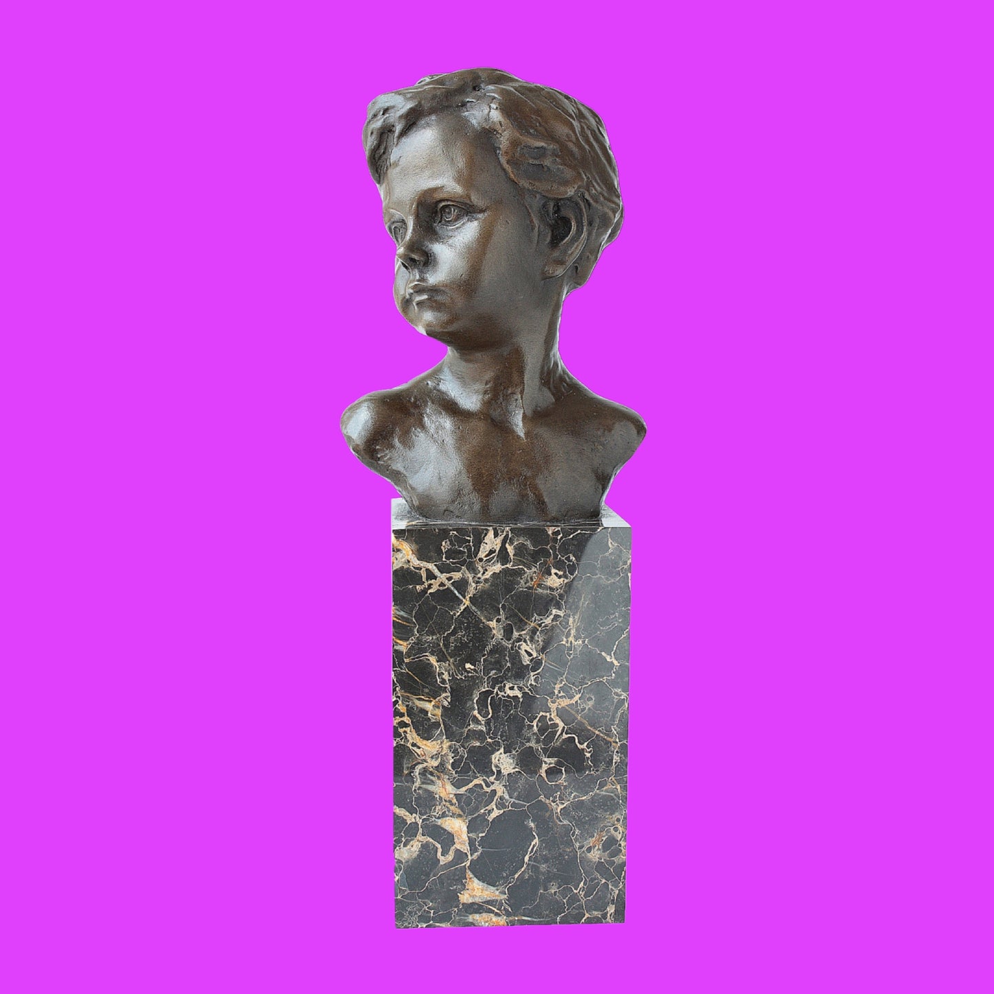 Bronze Sculpture Bust of a Boy Cherub on Marble Base