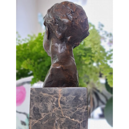 Bronze Sculpture Bust of a Boy Cherub on Marble Base