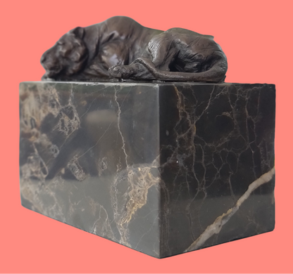 laying Tiger Bronze Sculpture on Marble Base