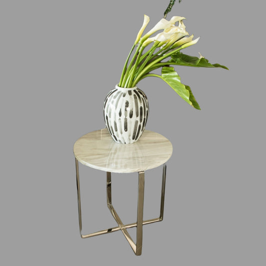 Sarya Mirror Polished Stainless Steel Side Table with White Marble Top