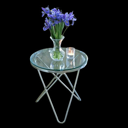 Rona Mirror Polished Stainless Steel Side Table with Clear Glass