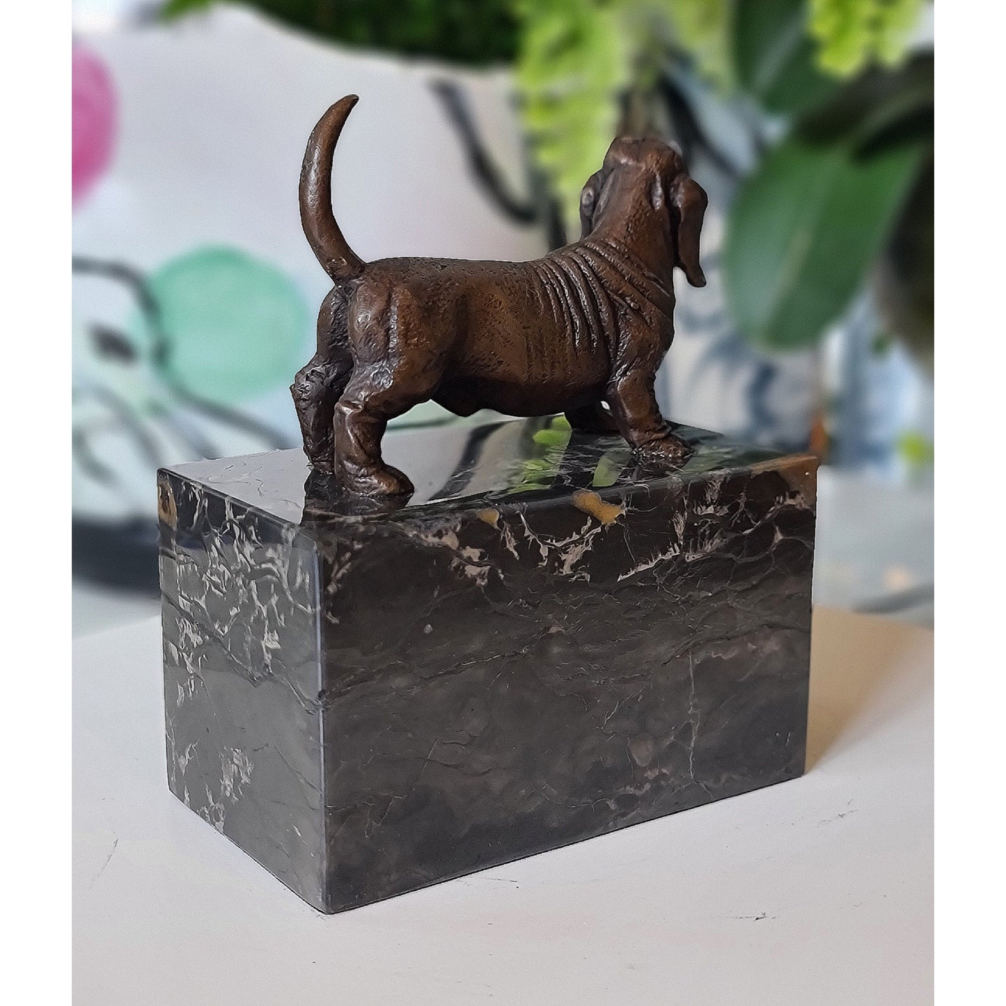 Duchshunt Dog Figurine Bronze Sculpture On Marble Base