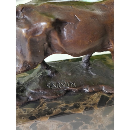Cow Bronze Sculpture Handcrafted Deco Art On Marble