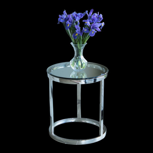 Tela Polished Stainless Steel Side Table with White & Clear Tempered Glass Top