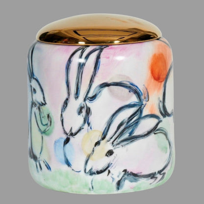 Hand painted Golden Lid Container Rabbits Crazing