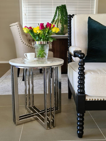Royal Mirror Polished Stainless Steel Side Table with White Marble Top