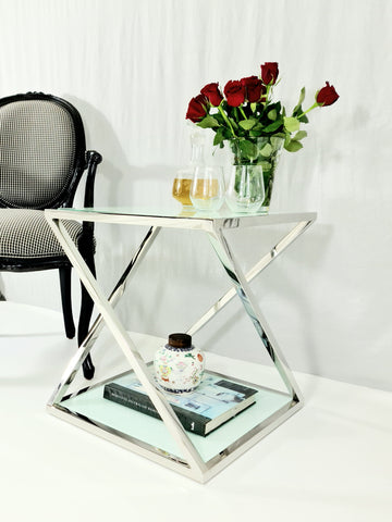 Nela Mirror Polished Stainless Steel Side Table With White Tempered Glass