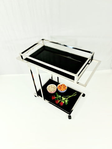 Aro Mirro Polished Stainless Steel Drinking Trolley with Black or White Tempered Glass.