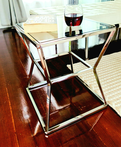 Soma Polished Stainless Steel Side Table with Clear Tempered Glass