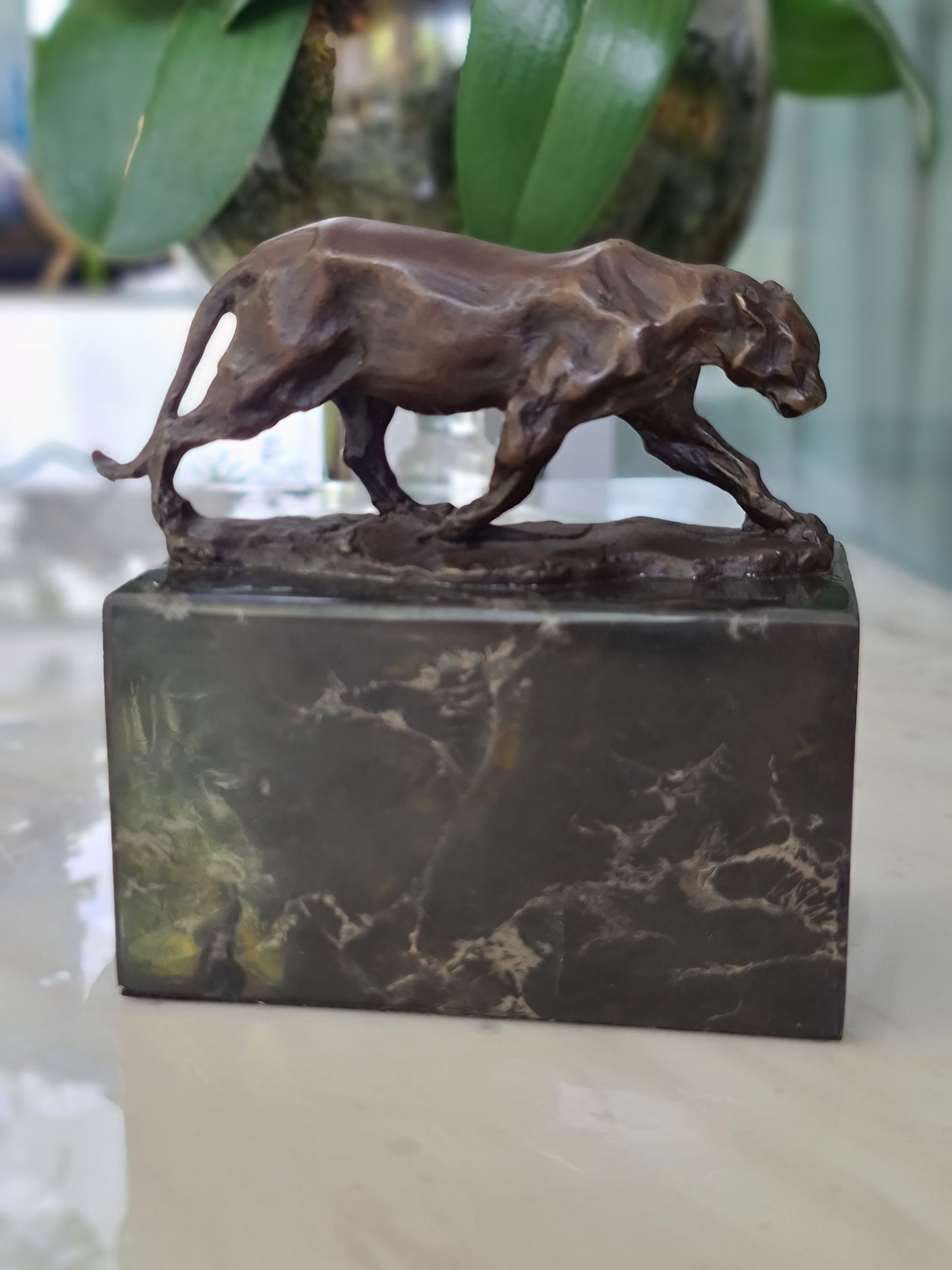 Leopard Cougar Bronze Sculpture On Marble Base