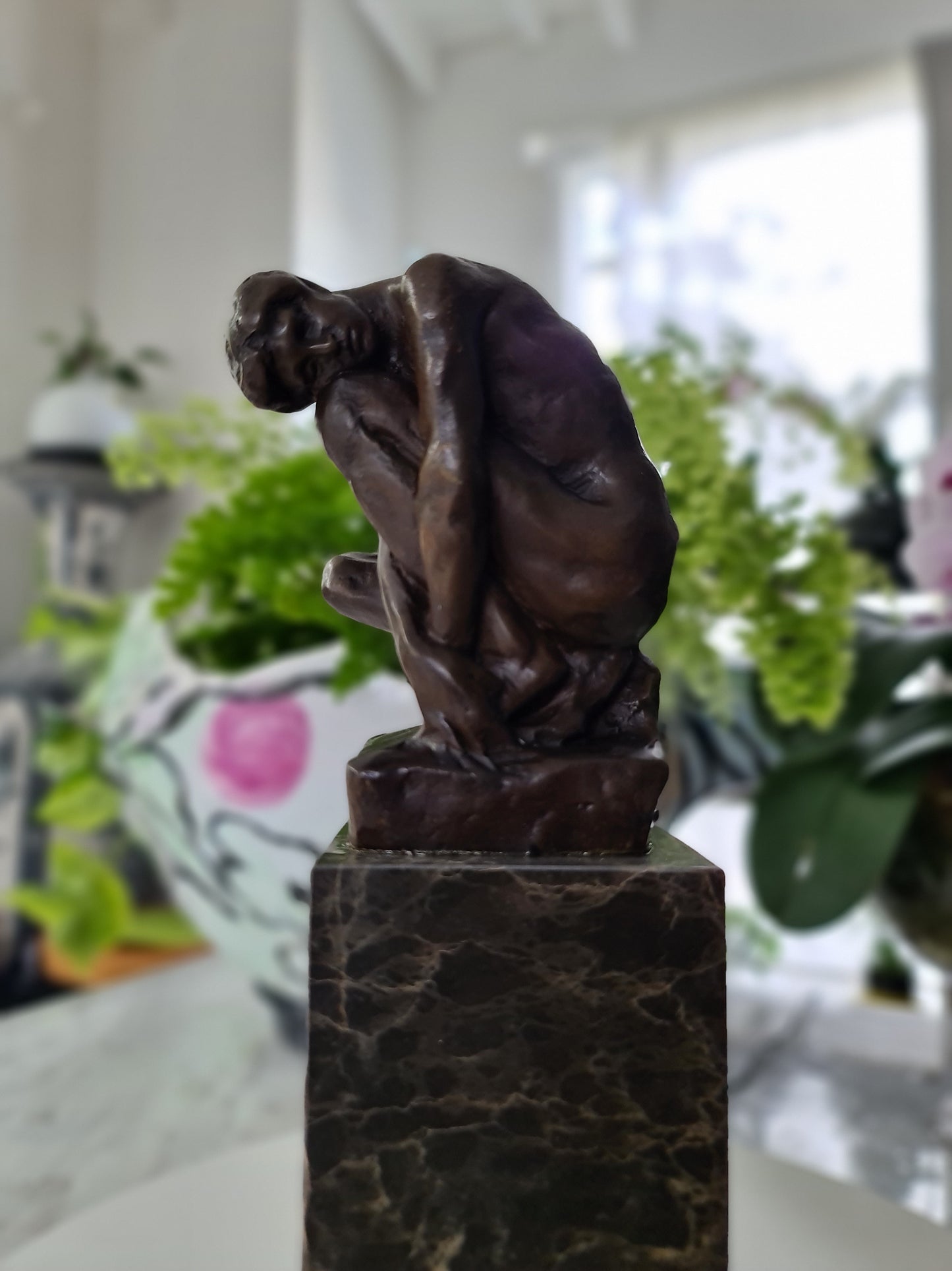 Nude  Male Seated Man, Style of Rodin On Marble Base