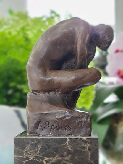 Nude  Male Seated Man, Style of Rodin On Marble Base