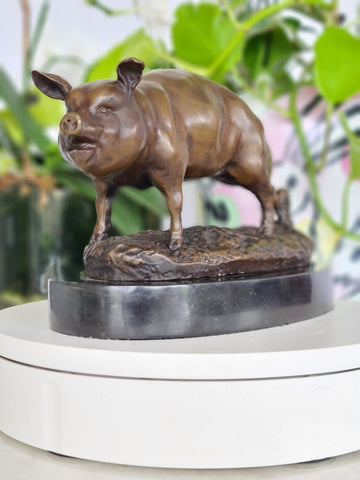 Early 20th Century French Bronze Pig Sculpture On Marble Base