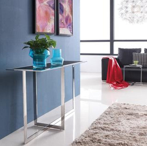 Dalas Mirror Polished Stainless Steel Console with Black Glass Top