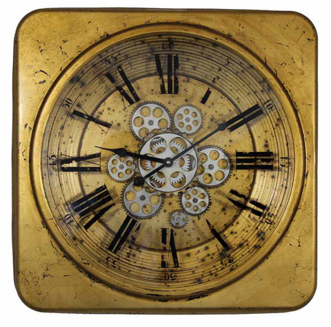 Large Golden 54 Cm Square Gear Wall Clock