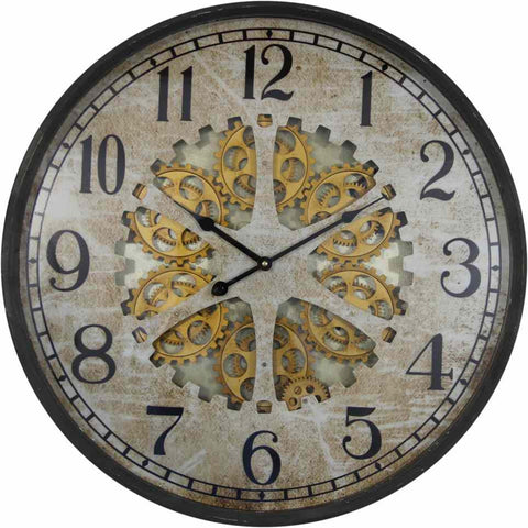 Large 60 Cm Antique Metal Wall Clock W/ Exposed Decorative Moving Gears