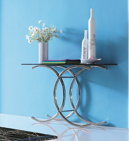 Corry Mirror Polished Stainless Steel Console with Clear or Black Glass Top