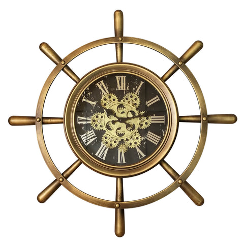 Golden Metal  Boat Wheel 68 Cm Roman Numeral Gear Moving Wall Clock