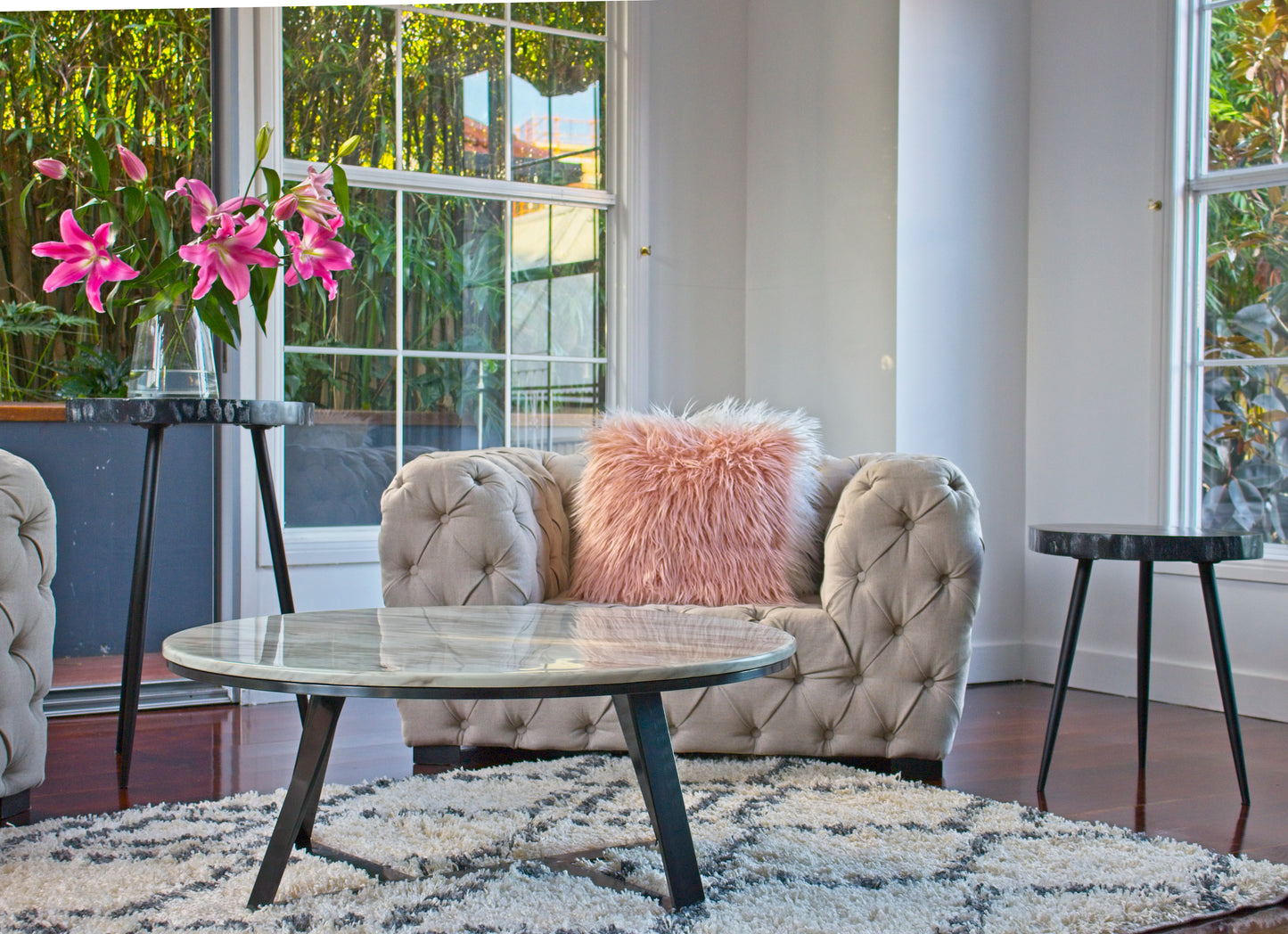 High Black Wood Slab Side Table With Metal Legs