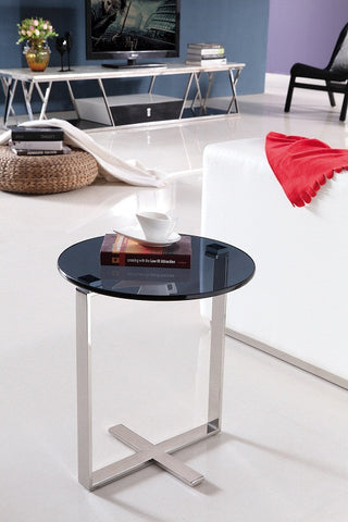 Sari Mirror Polished Stainless Steel End Table with Black tempered Glass.