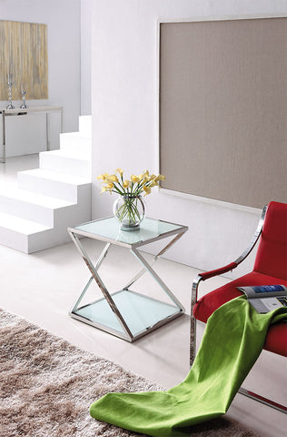 Nela Polished Stainless Steel Side Table W/ White Tempered Glass (Free clock)