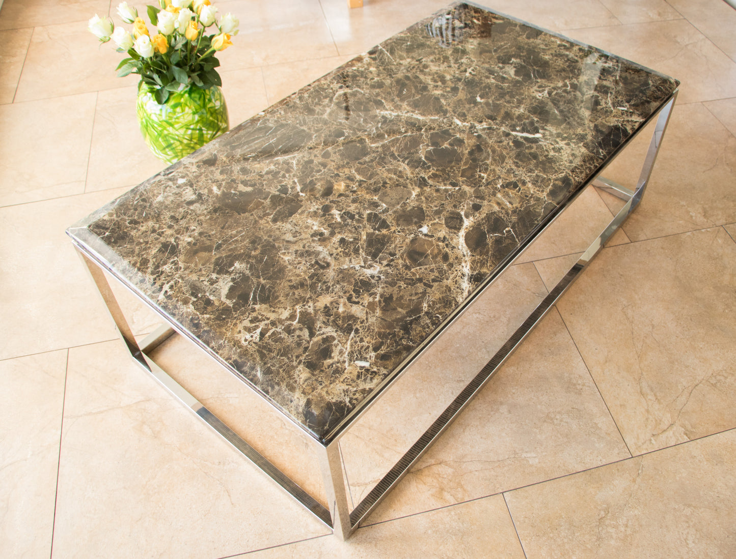 Hemin Mirror Polished Stainless Steel Coffee Table with Brown Marble Top (Pick up only)
