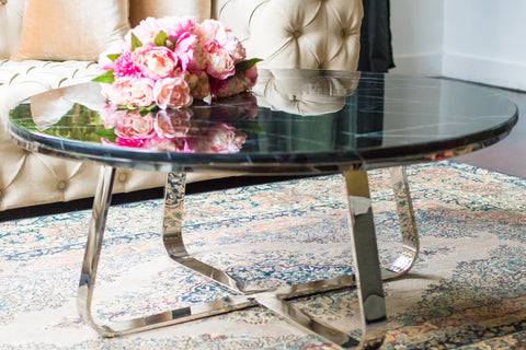 Belen Polished Stainless Steel Coffee Table with Black Marble Top.