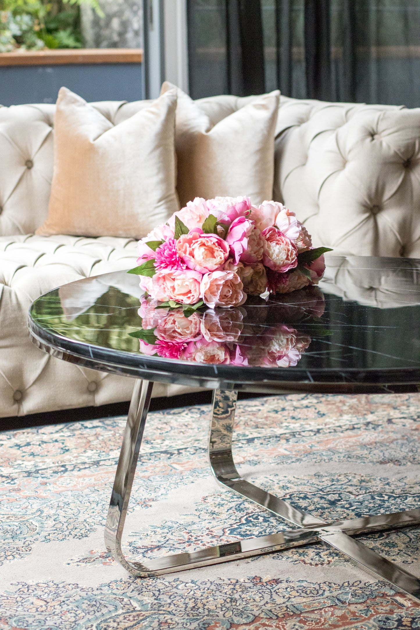 Belen Polished Stainless Steel Coffee Table with Black Marble Top (Pick up only)