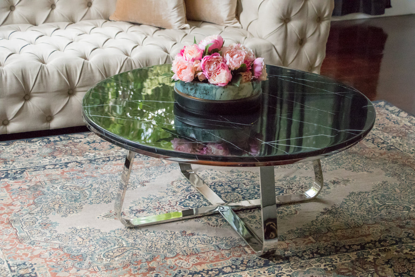 Belen Polished Stainless Steel Coffee Table with Black Marble Top (Pick up only)
