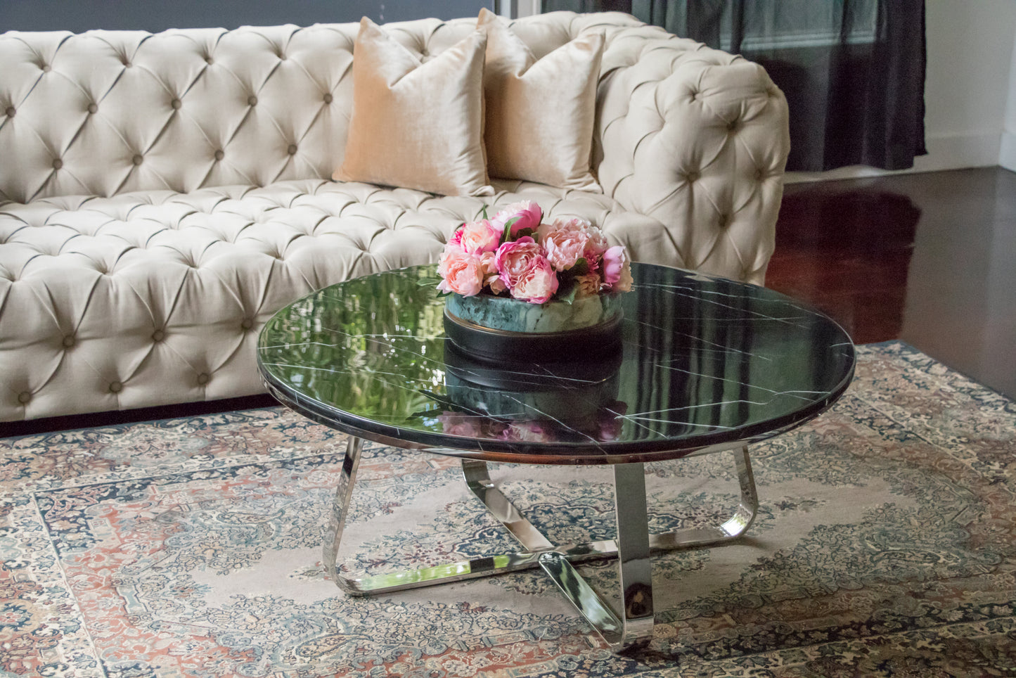 Belen Polished Stainless Steel Coffee Table with Black Marble Top (Pick up only)