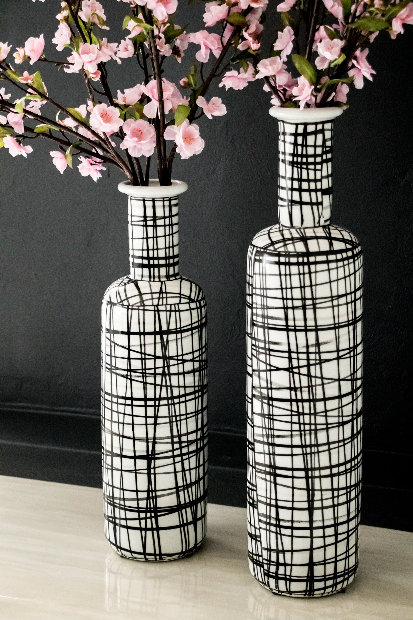 X-Xtra Tall Hand painted Vase, Graphic black & white pattern