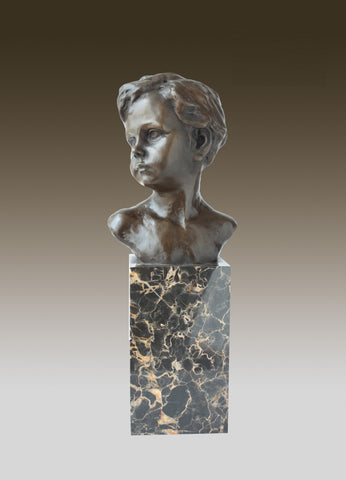 Bronze Sculpture Bust of a Boy Cherub on Marble Base, Art, Gift, Bookend