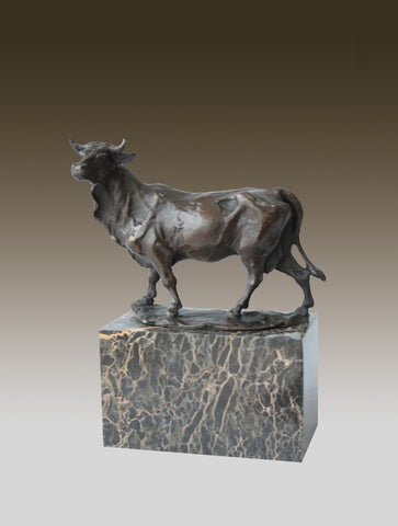 Cow Bronze Sculpture Handcrafted Deco Art On Marble